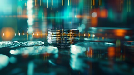 Multi exposure of virtual abstract financial diagram on growing coins stacks background, banking and accounting concept : Generative AI