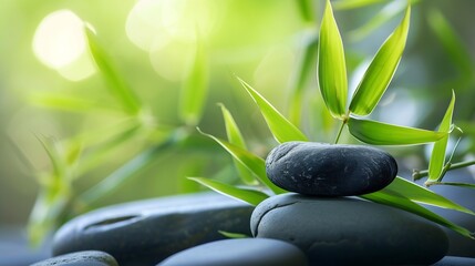 background of a spa with stones, and a sprig of green bamboo : Generative AI