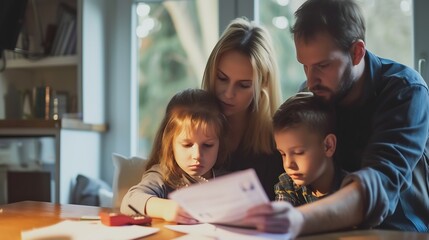 Family with a child having financial problems, doing home budgeting, calculating expenses. : Generative AI