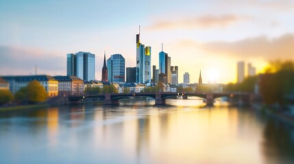 Blurred view of Frankfurt am Main skyline and river. : Generative AI