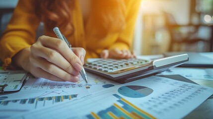 Business Financing Accounting Banking Concept, Businesswoman doing finances and calculating financial report with business graph growth chart, finance and investment, business analysis : Generative AI
