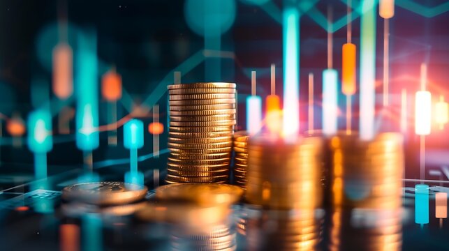 Double exposure image of coin stacks on technology financial graph background.Economy trends background for business ,financial meltdown ,Cryptocurrency digital economy. : Generative AI
