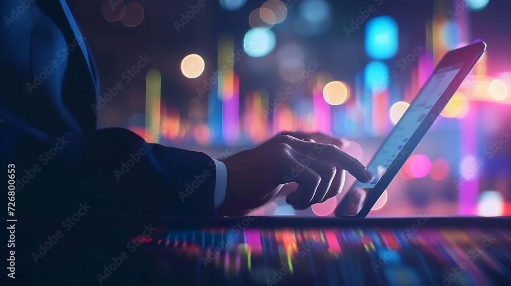 Poster Businessman using tablet analyzing sales data and economic growth graph chart and block chain technology on global network on dark background. : Generative AI