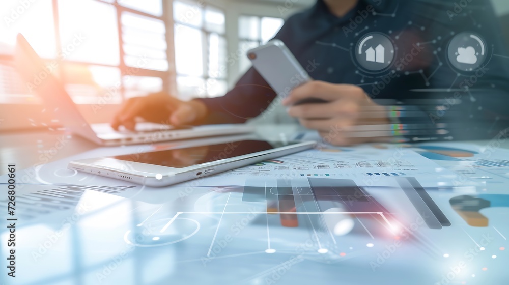 Poster business documents on office table with smart phone and digital tablet and graph financial with social network diagram and man working in the background : Generative AI