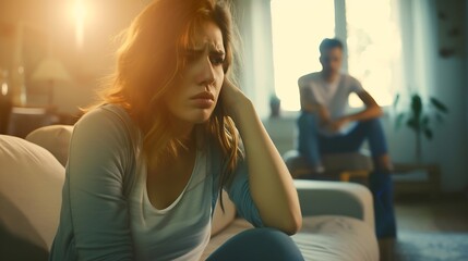 Unhappy, sad and annoyed couple after a fight and are angry at each other while sitting on a couch at home. A woman is stressed, upset and frustrated by her boyfriend after an argument : Generative AI