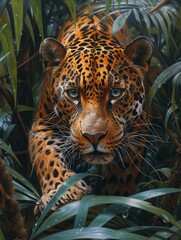 jungle shot, acrylic painting, jaguar facing camera, full body pose, focus on jaguar - generative ai