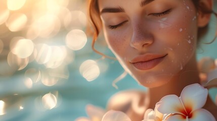 Fototapeta premium portrait of young beautiful woman in spa environment. blurred face, focused on flower. : Generative AI