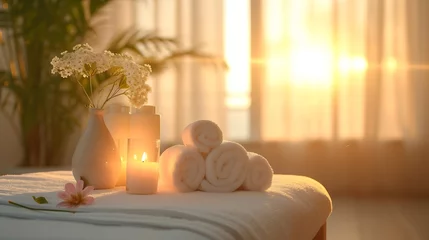 Foto op geborsteld aluminium Massagesalon Beautiful spa composition on massage table in wellness center : Generative AI