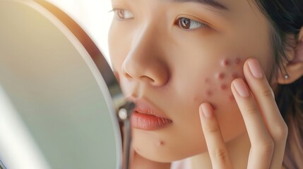 Cropped shot of woman worry about her face when she saw the problem of acne occur on her chin by a mini mirror. Conceptual shot of Acne and problem skin on female face. : Generative AI