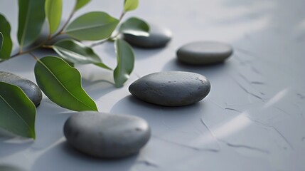 Obraz na płótnie Canvas Spa stones and leaves on grey background : Generative AI