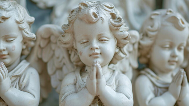 A group of cherubs with soft ethereal features their tiny hands clasped together in prayer.
