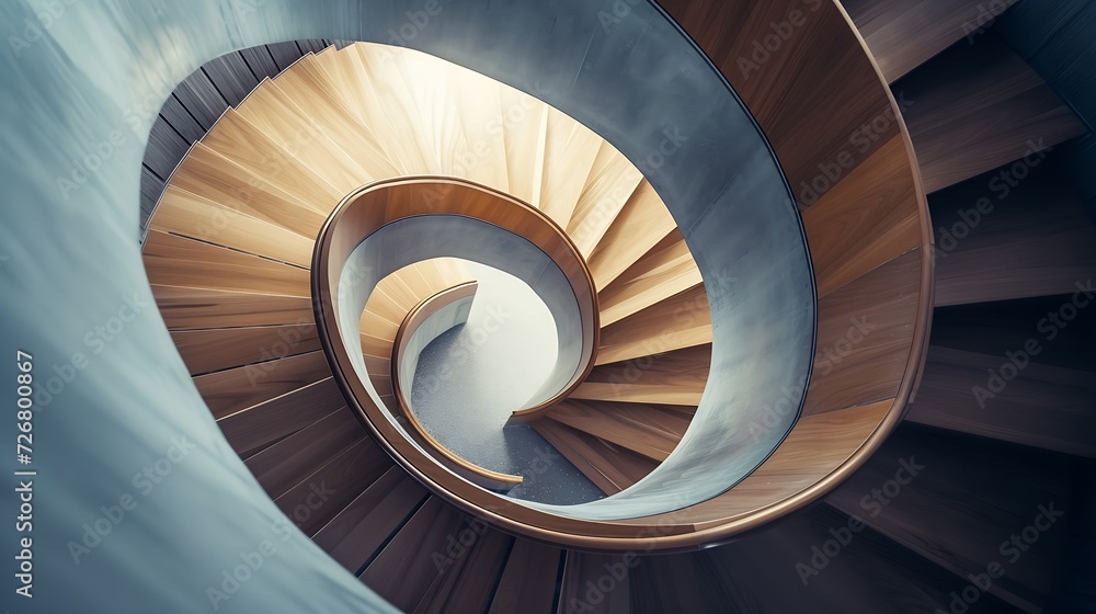 Poster abstract spiraling handrail of a wooden staircase in a modern design building : generative ai