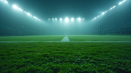 universal grass stadium illuminated by spotlights and empty green playground : Generative AI