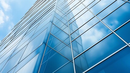 Fototapeta na wymiar Abstract diagonal pattern background of shading fin concrete with blue sky reflection on glass windows surface of modern high residential building in the city : Generative AI