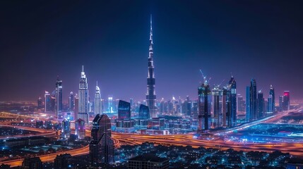 Beautiful view to Dubai downtown city center skyline from Design District at night, United Arab Emirates : Generative AI