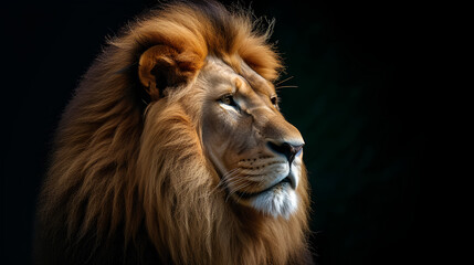 Fototapeta premium Portrait of a male lion with a big mane in the background