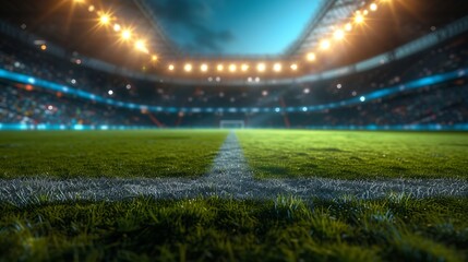 Photo of a soccer stadium at night. The stadium was made in 3d without using existing references. : Generative AI - obrazy, fototapety, plakaty