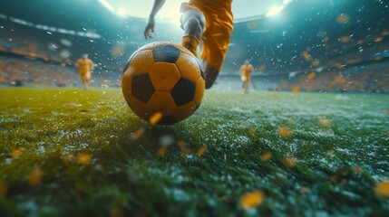 Cropped image of running soccer, football player at stadium during football match. Concept of sport, competition, goals. Collage, poster for ads. Crowded stadium effect : Generative AI
