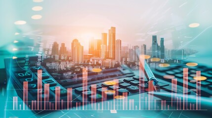 Obraz premium Double exposure of city and pen, calculator , money , graph for finance and business concept : Generative AI
