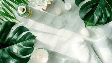 Spa and massage treatments on white, marble background monstera leaves. Flat lay. Top view : Generative AI