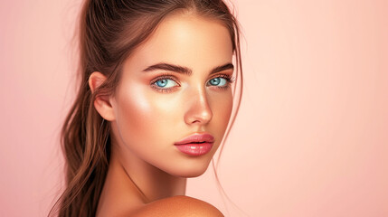 Fototapeta premium portrait of a woman, pink background.