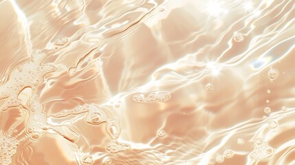 Abstract summer banner background Transparent beige clear water surface texture with ripples and splashes. Water waves in sunlight, copy space, top view. Cosmetics moisturizer micellar : Generative AI