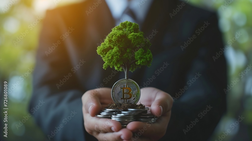Poster a businessman holding a coin with a tree that grows and a tree that grows on a pile of money. the id