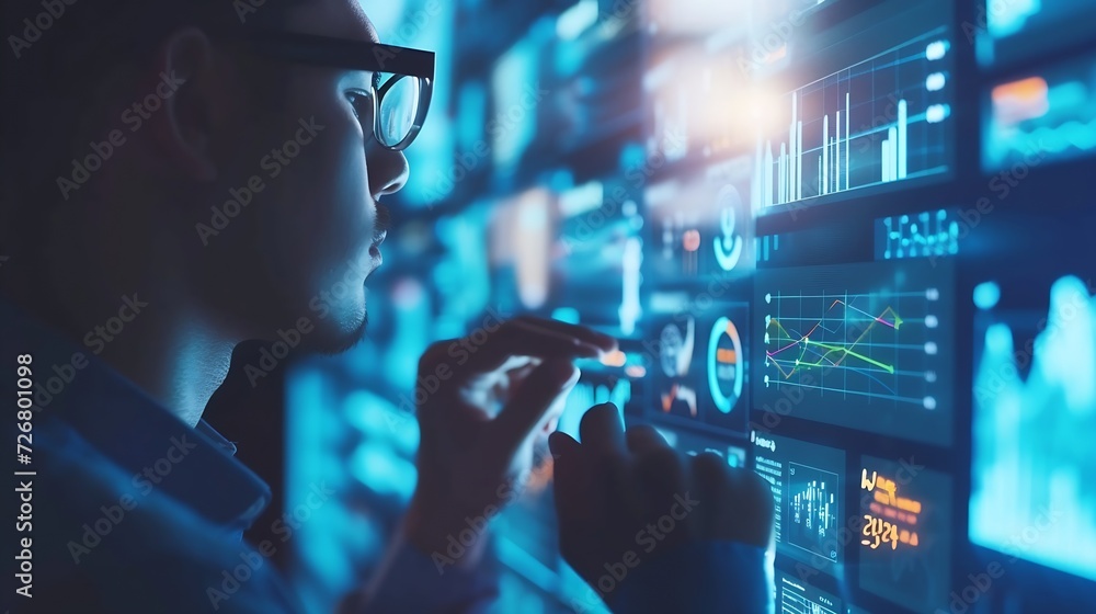 Poster Businessman analyzes profitability of working companies with digital augmented reality graphics, positive indicators in 2024, businessman calculates financial data for long-term invest : Generative AI