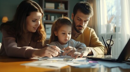 Family with a child having financial problems, doing home budgeting, calculating expenses. : Generative AI