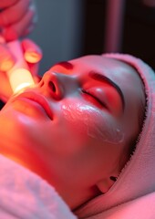Fototapeta premium Close-up of cosmetologist making rejuvenating face procedures for woman client in spa or salon. Cosmetology concept. Aesthetic cosmetology, face care. Girl : Generative AI