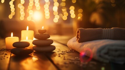 Spa resort therapy composition. Burning candles, stones, towel, abstract lights : Generative AI