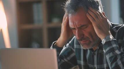 Mature man touching his front for headache or stress for overwork and online problems using computer. Male modern people working on laptop with worried and painful expression. Unhealth : Generative AI - obrazy, fototapety, plakaty