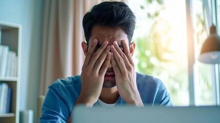 Fototapeta na wymiar Glaucoma Concept. Young Indian Man Massaging Tired Eyes After Working On Laptop Computer, Millennial Eastern Male Suffering From Eyestrain And Fatigue, Sitting At Workplace In Home Off : Generative AI