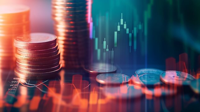 Double exposure image of coin stacks on technology financial graph background.Economy trends background for business ,financial meltdown ,Cryptocurrency digital economy. : Generative AI