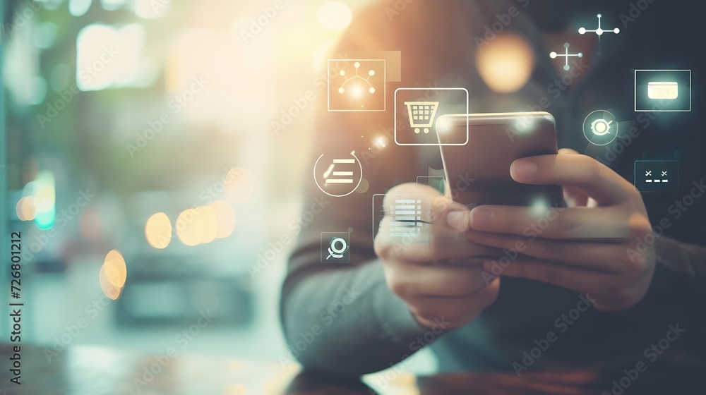 Poster businessman online using mobile banking payment with financial application icons. financial innovati