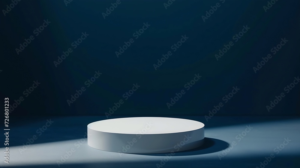 Poster empty white round podium and deep shadows on dark blue background. showcase for product presentation