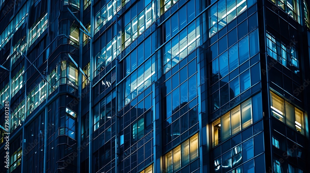 Wall mural Pattern of office buildings windows illuminated at night. Glass architecture ,corporate building at night - business concept. Blue graphic filter. : Generative AI