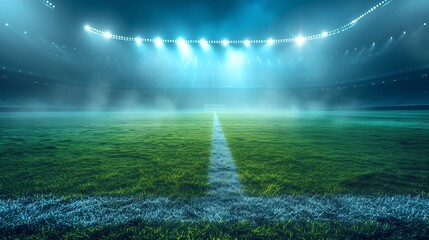 Sports stadium with a lights background, Textured soccer game field with spotlights fog midfield Concept of sport, competition, winning, action, empty area for championships, studio ro : Generative AI - obrazy, fototapety, plakaty