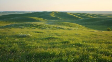 Lush green grass on field and hill, grasslands national park, val marie, saskatchewan, canada : Generative AI