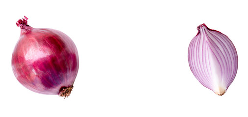 Top view of fresh red or purple onion with slice or quarter in set isolated on white background with clipping path