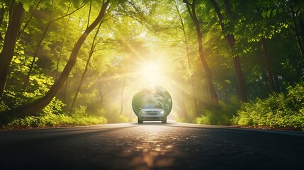 Eco car on forest road with earth planet going through forest, Ecosystem ecology healthy...