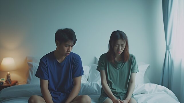 marriage problem relationship difficulties concept - asian young couple sitting separately on bed are sad after having argument and angry conflict : Generative AI