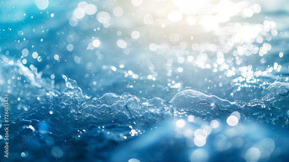 Leinwandbilder de-focused blurred transparent blue colored clear calm water surface texture with splashes and bubbl
