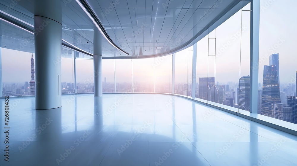 Poster modern building and empty floor with skyline. panoramic urban architecture, cityscape with space : g