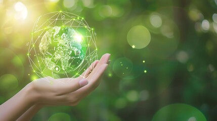 Sustainable development goal (SDGs) concept. Hands holding Global communication network with Environment icon on a green background. Green technology and Environmental technology. : Generative AI