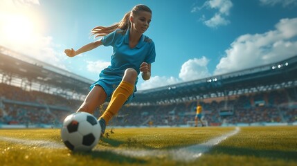 Fototapeta premium Young female soccer player kicking ball in a stadium : Generative AI