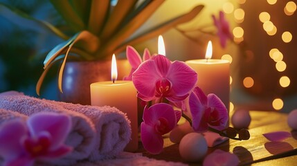 Spa still life with aromatic candles,orchid flower and towel. : Generative AI