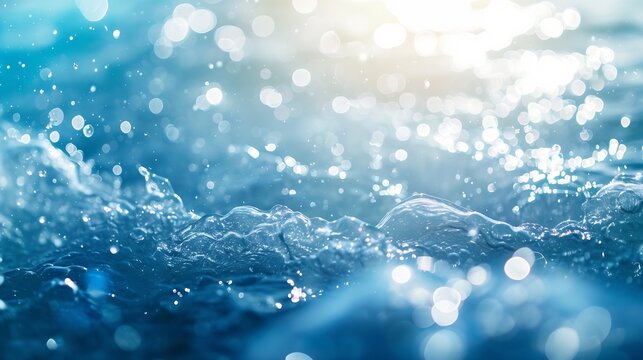De-focused blurred transparent blue colored clear calm water surface texture with splashes and bubbles. Trendy abstract nature background. Water waves in sunlight with copy space. : Generative AI