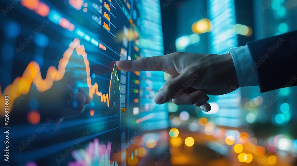 Poster finance trade manager analysing stock market indicators for best investment strategy, financial data
