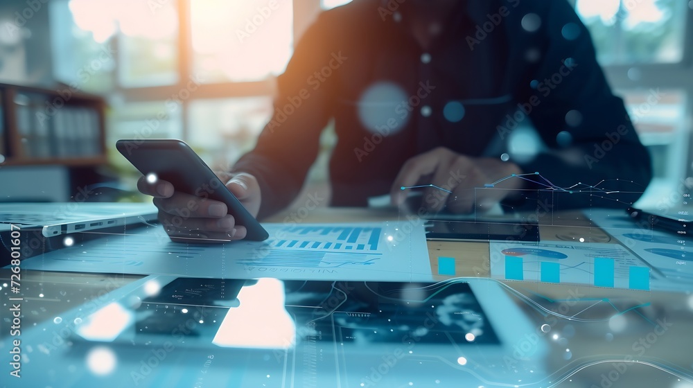 Poster business documents on office table with smart phone and digital tablet and graph financial with social network diagram and man working in the background : Generative AI